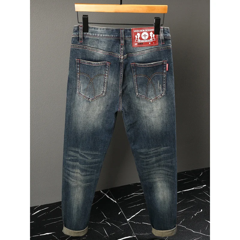 

Высококачественные мужские джинсы осенью и зимой, ретро и ностальгические стираные, эластичные и стильные, маленькие прямые брюки.