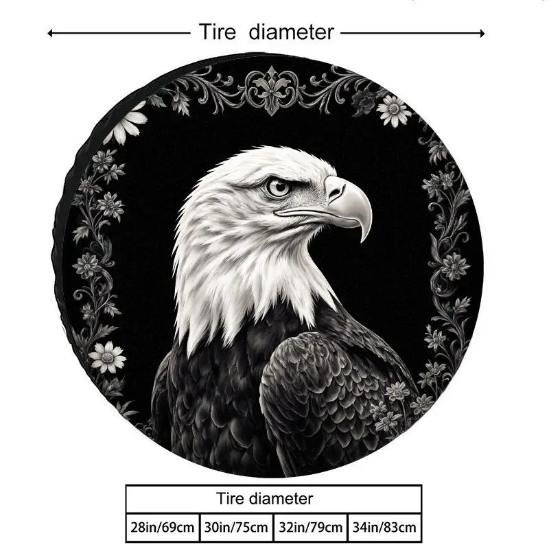 A Bold Eagle Totem Polyester Tire Cover With Unique Black And White Patterns, Designed To Be Sun-Resistant, Dust-Proof, And Uv-R