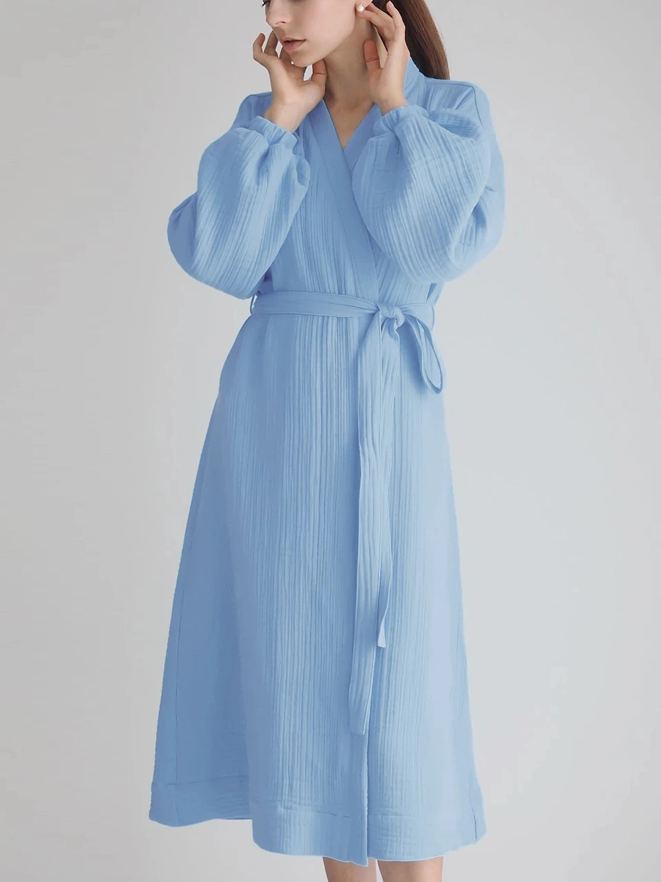 Solid Sleepwear Women's Robe Puff Sleeves Bathrobe Kimono Long Sleeve Nightwear Cotton Robes Female Home Wear Dressing Gowns