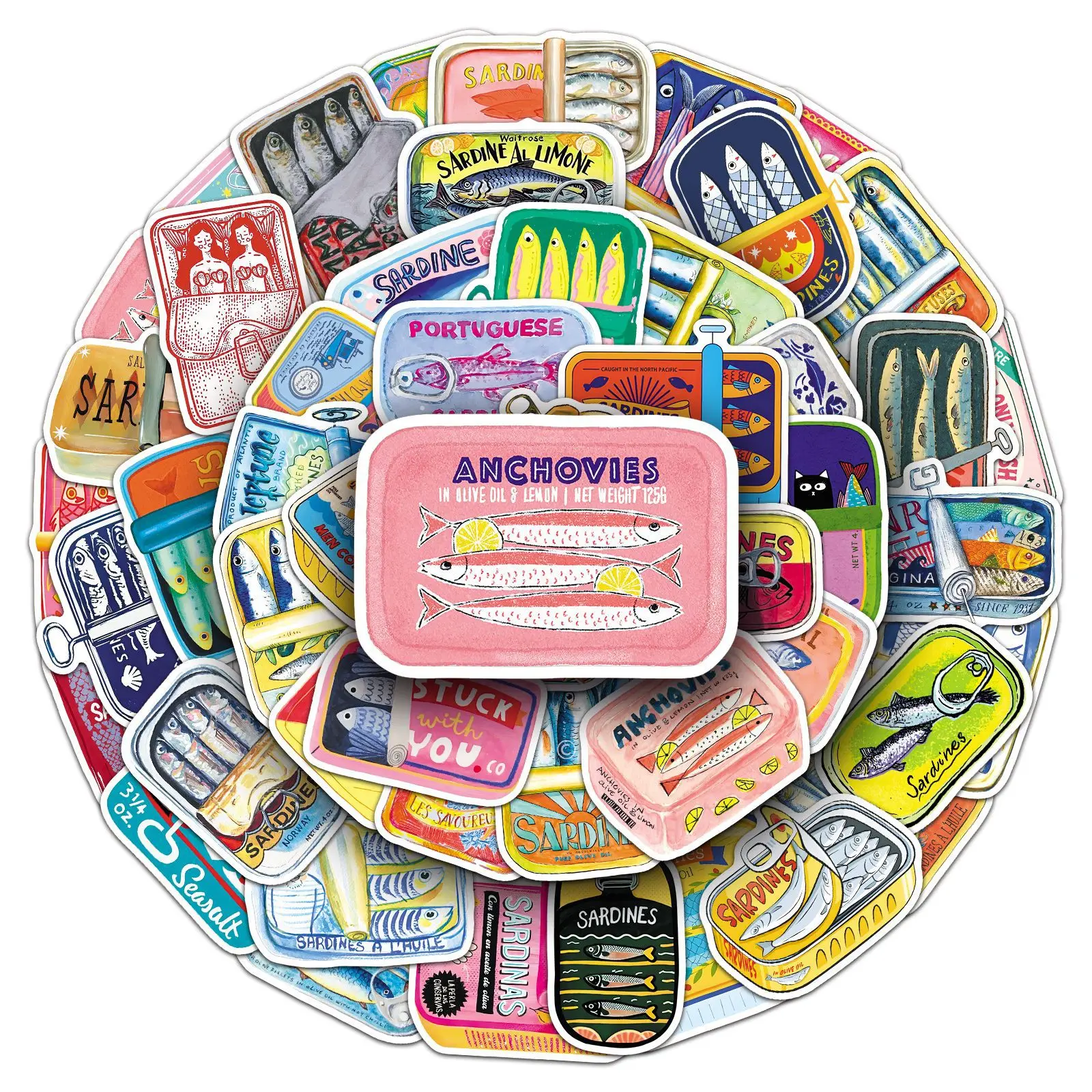 

50PCS Hand-painted style Sardine can Food Graffiti Decorative Mobile phone case Laptop iPad Waterproof stickers Kids Toy
