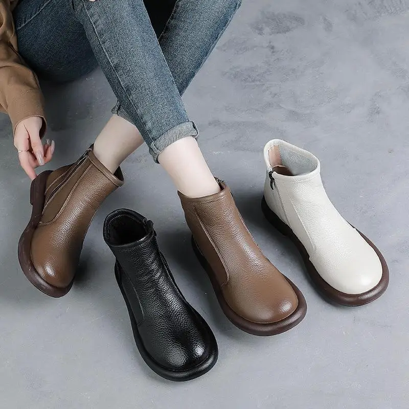 

Low-Heel Boots Vintage Short Boots Mom Shoes Top Layer Cowhide Leather Genuine New Style Booties for Women Winter Season