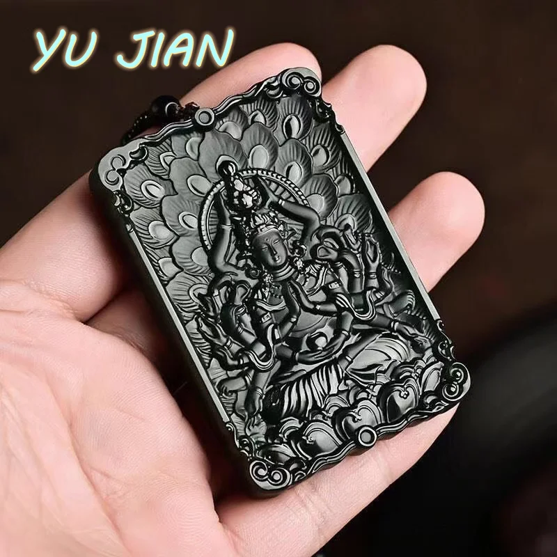 

Natural Emerald Carved Thousand-Hand Guanyin Black And Green Pendant Jade Necklace Men and Women Exquisite Chain Jewelry