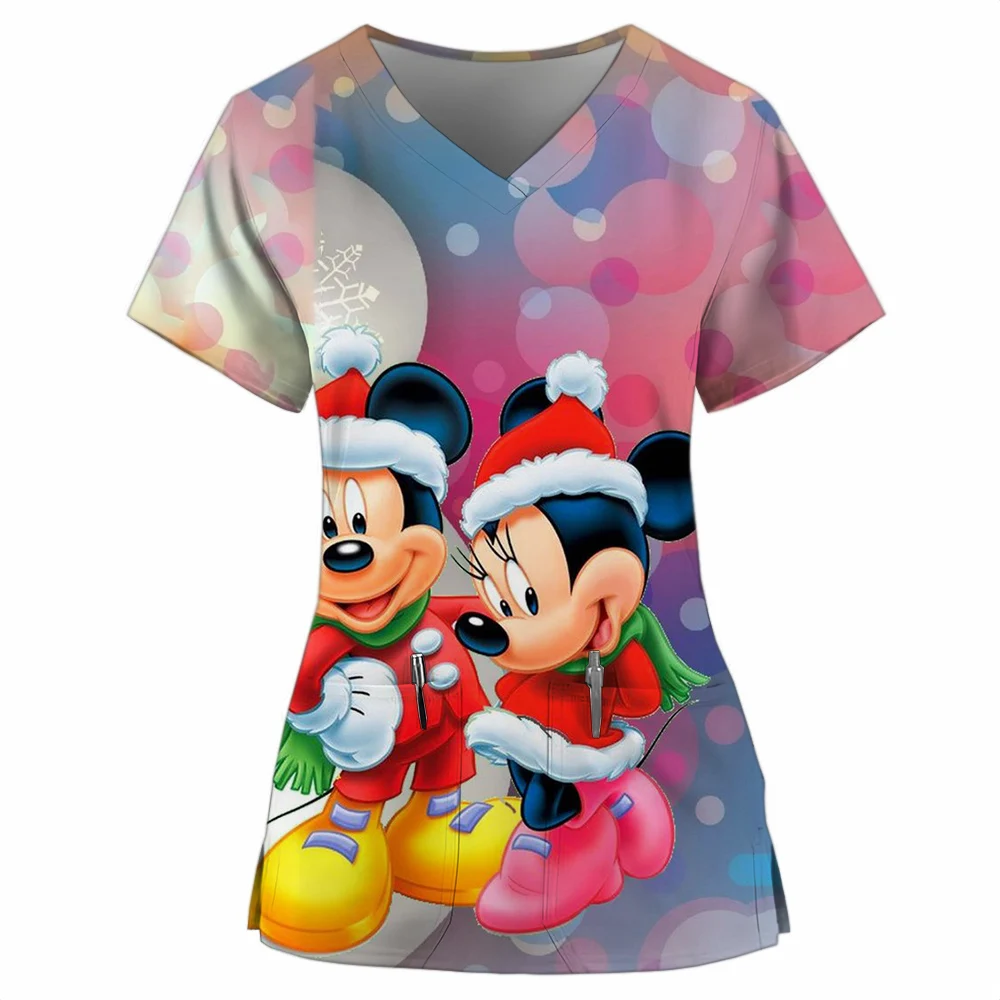 Nurse Uniform Women's Merry Christmas Disney Mickey Mouse Printed Short Sleeve V-neck Matte Work Clothes Medical Shirts Work Clo