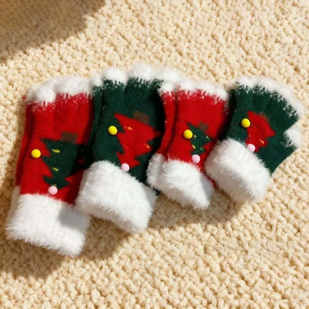 Red Green Christmas Gloves Cuff Elastic Wrist Winter Knit Mittens Soft Texture Thick Lining Touchscreen Full Finger