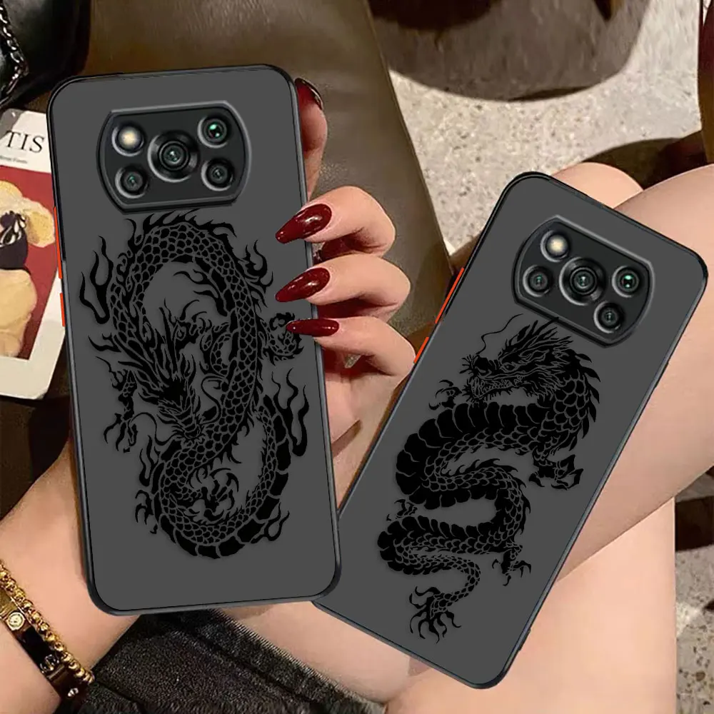 Matte Phone Case for Xiaomi POCO X5 X4 X3 M4 M3 M2 F5 F4 F3 GT F2 C40 CC9 PRO 4G 5G A3 Case Funda Line Drawing Chinese Dragon