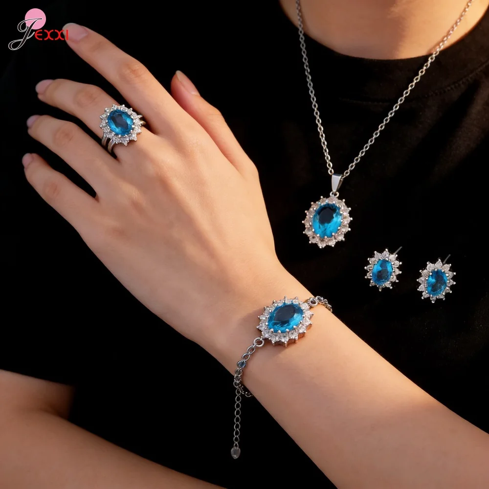 Genuine 925 Sterling Silver Jewelry Set For Women Girls Flower Pattern Shinning Crystal Wedding Birthday Party Jewelry Accessory