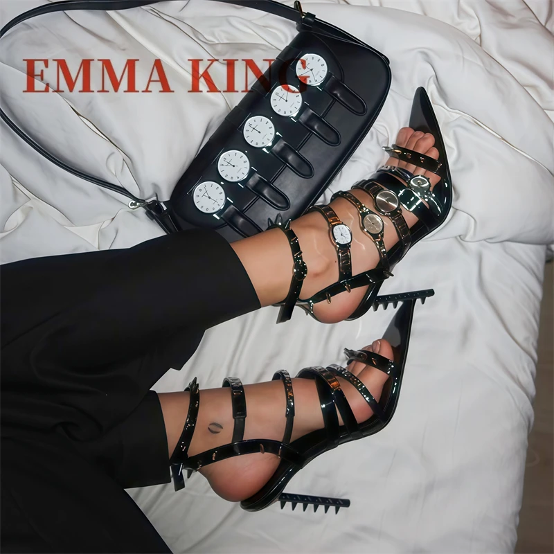 Silver Watch Sandals Open Pointed Toe Stiletto Sandals Punk-chic Spike Sandals Patent Faux Leather Ankle Buckle Sandals Big Size