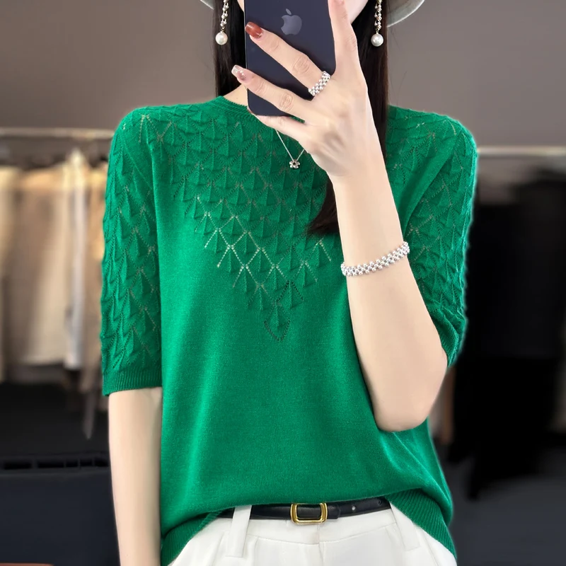 2024 Spring and Summer Women cashmere sweater short sleeve Women knitted Hollow short sleeve solid color casual short sleeve