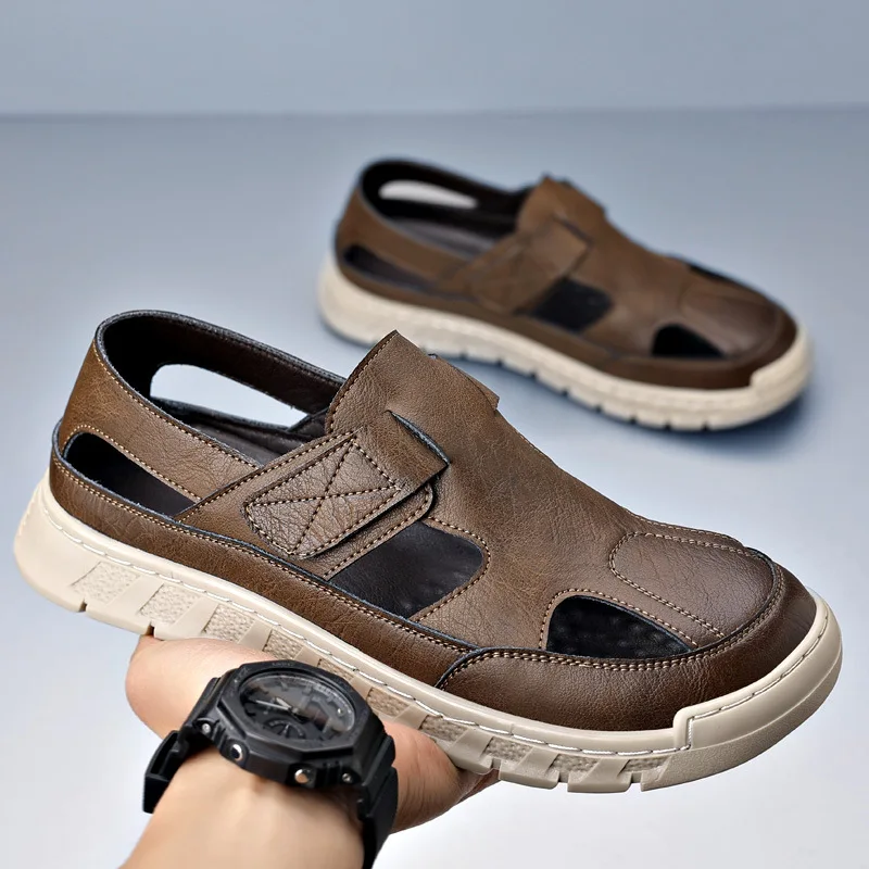 Baotou leather sandals men's beach shoes 2026 summer new cross-border Roman hollow fashion men's shoes