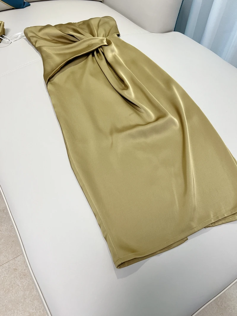 Ele een Silk Satin Dr Sexy oulder Bared Wrap Chest High Waist Long Skirt Vintage Sle  Summer Dr