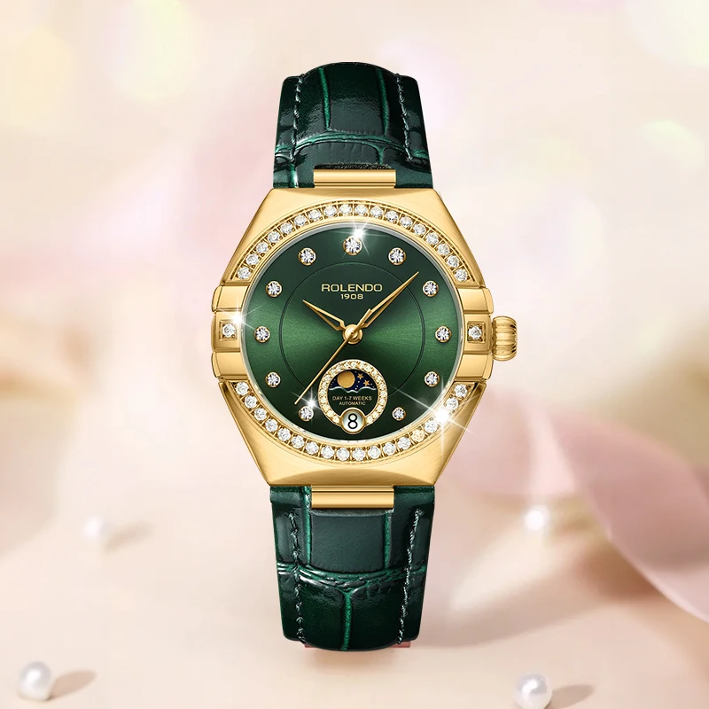 ROLENDO Women's Automatic Mechanical Watches Moon Phase Display Diamond Bezel Green Dial Leather Strap Watch Gift For Women