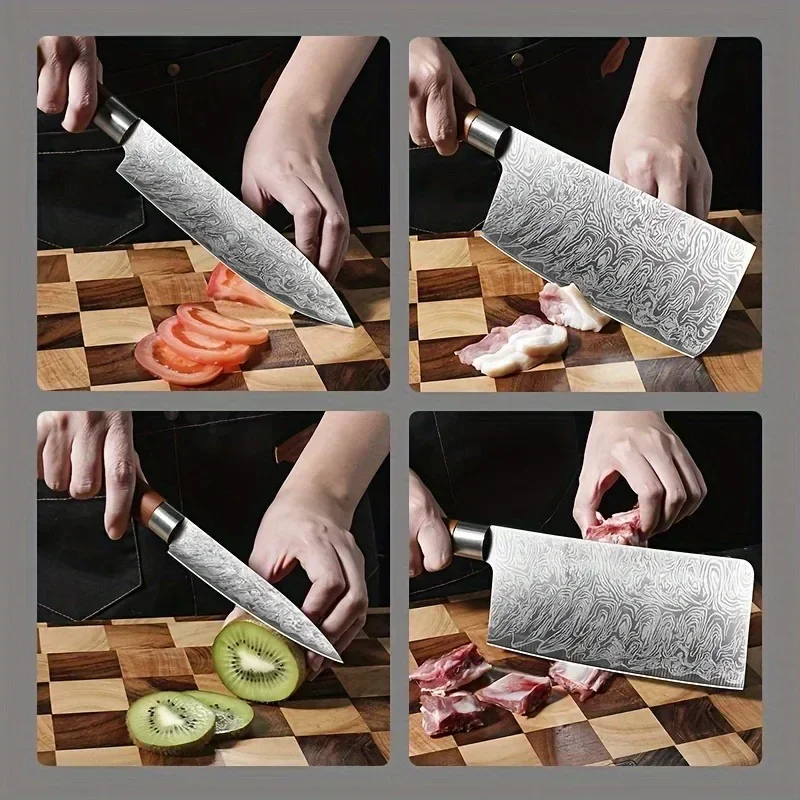 High-end laser pattern kitchen knife, chef\'s special knife imitation wood handle sharp stainless steel fruit cutter, meat cutter