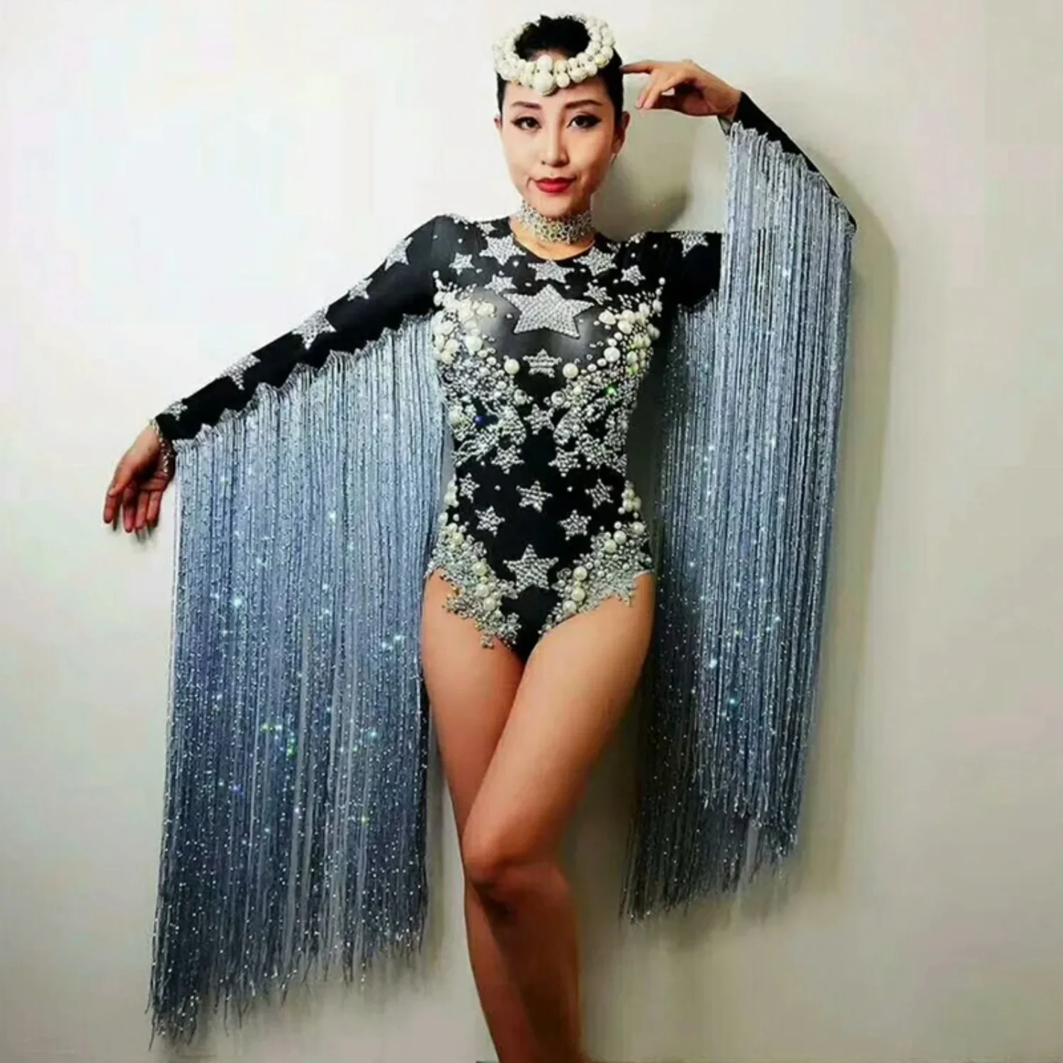 Glish Tassel Crystal Bodysuit Rhinestones Stage Outfit Leotard Nightclub Female Dj Performance Show Singer Party Dance Wear