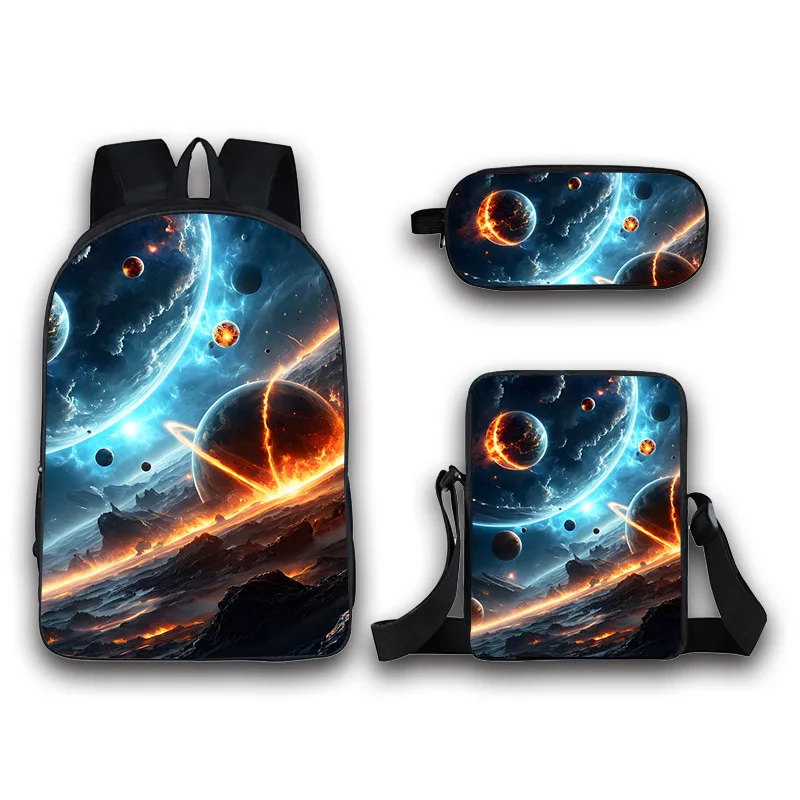 Cartoon Novelty starlit sky 3D Print 3pcs/Set pupil School Bags Laptop Daypack Backpack Inclined shoulder bag Pencil Case