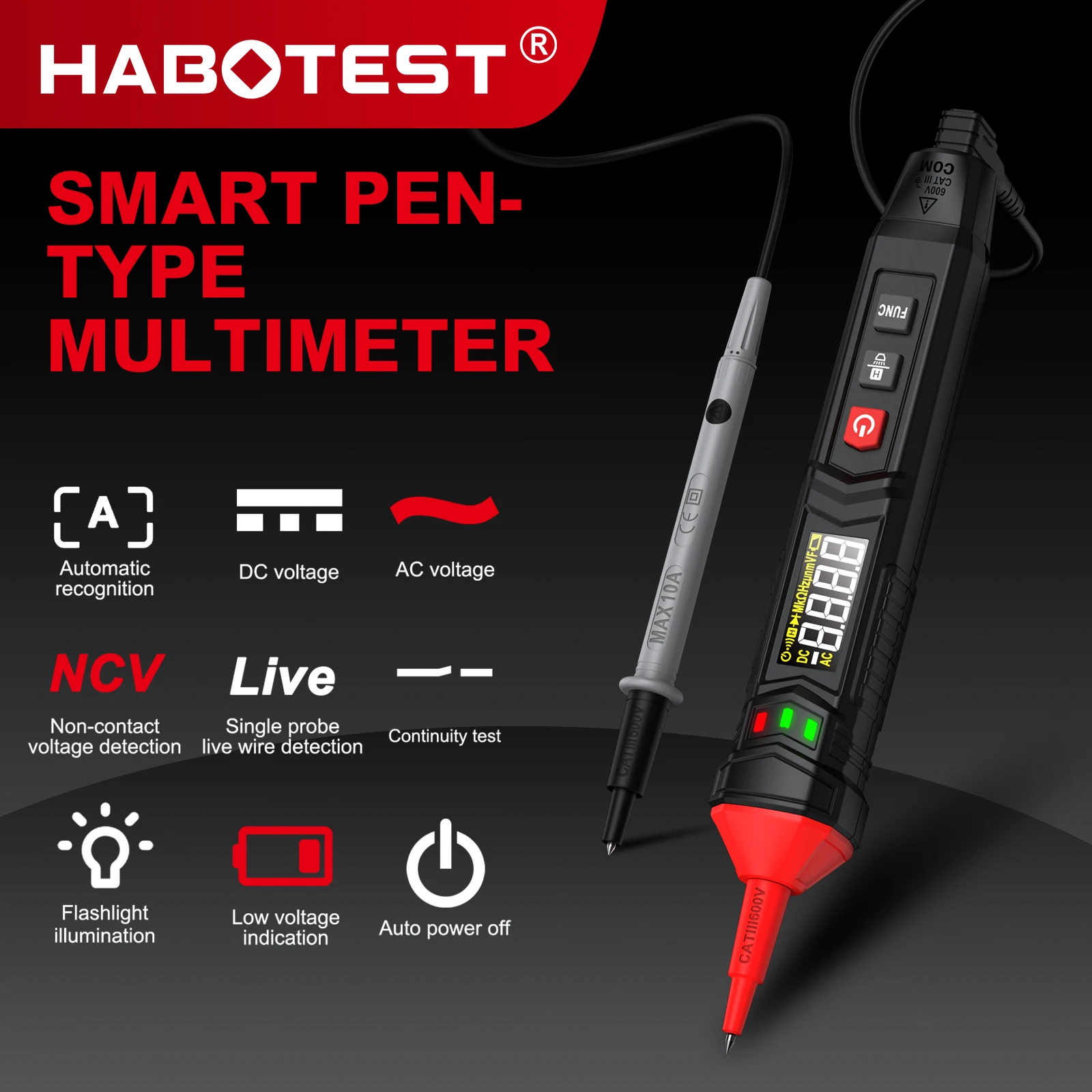 HABOTEST HT121 Digital Pen Type Multimeter DC AC Voltage Tester Smart Voltmeter 4000 Counts True RMS NCV Resistance Hz Tester