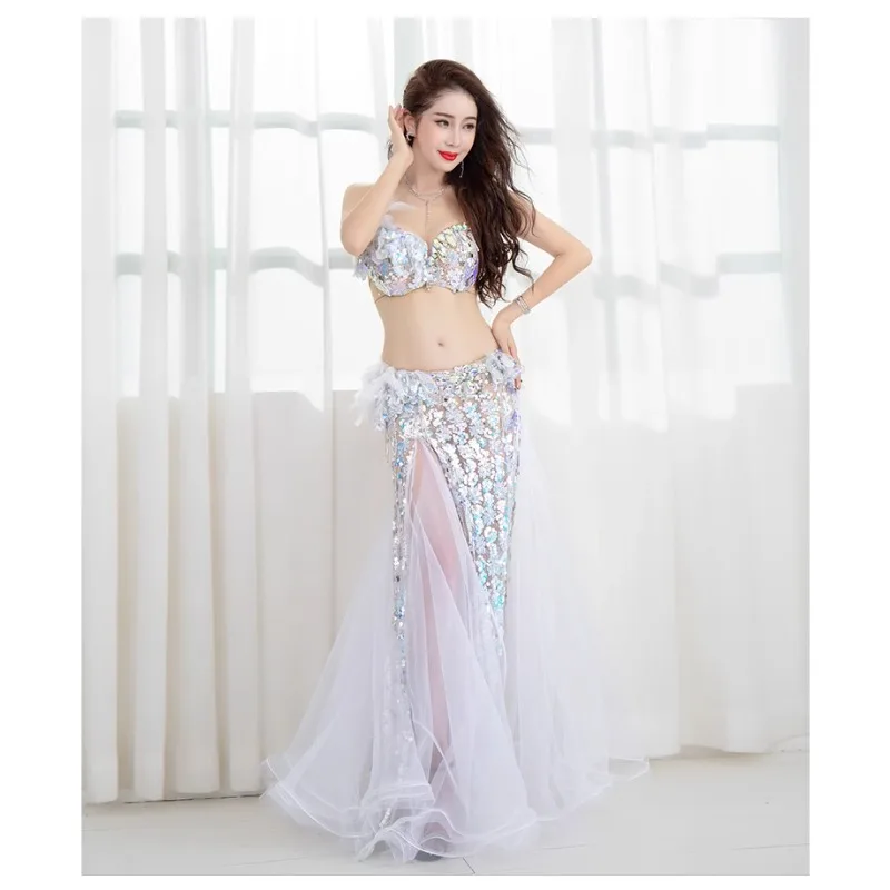 Customized high-end women\'s white sexy sequin bra, fish tail long dress, Eastern belly dance practice performance set