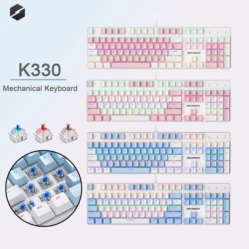 Mechanical Revolution Yao K330 Wired Mechanical Keyboard Mouse E-Sports Game  Office 104 Keys White Pink Series Green Tea Axis