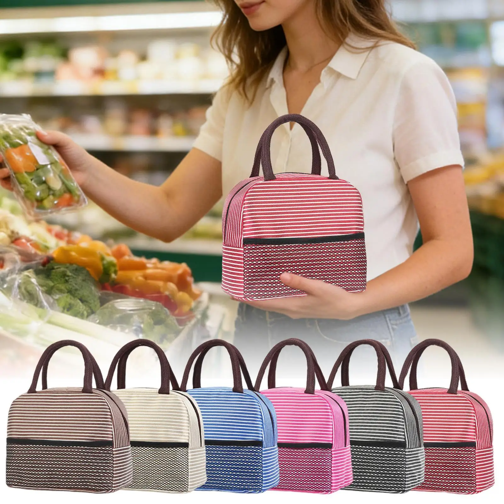 Lunch Tote with Mesh Pocket Insulated Storage Lunch Box Bag Fashion Container for Kids Adults Office School Camping Outdoor