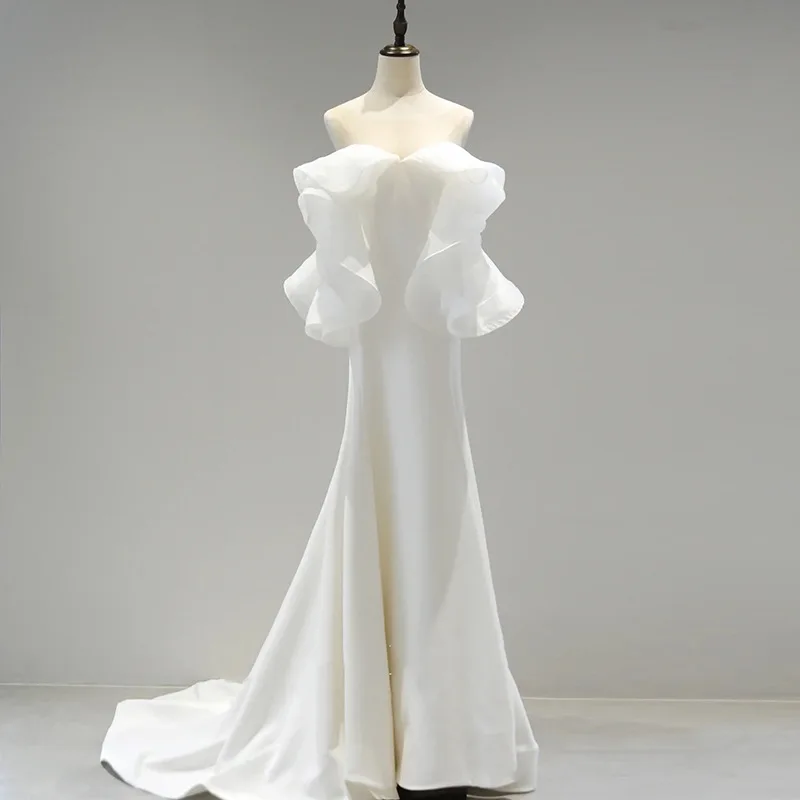 오프숄더 피쉬테일 라이트 웨딩드레스 새틴 스트랩리스 신부 약혼 생일 고급 호스트 슬림핏 드레스 맞춤제작