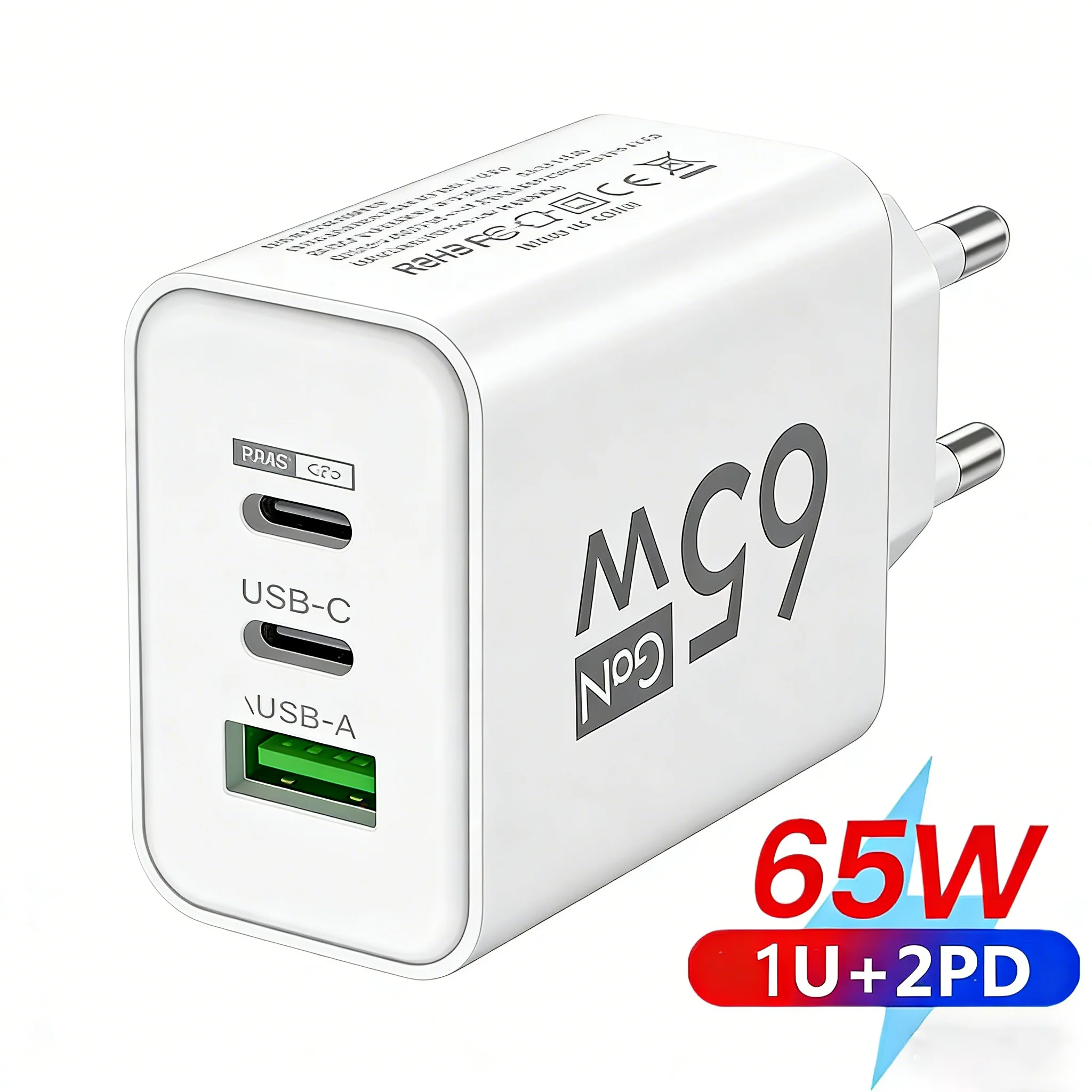 Cargador GaN USB C de 65W con 3 Puertos PD3.0 QC3.0, Cargador de Carga Rápida, Adaptador de Viaje para iPhone 16, Samsung, Xiaomi, Tablet, UE, EE. UU., Corea