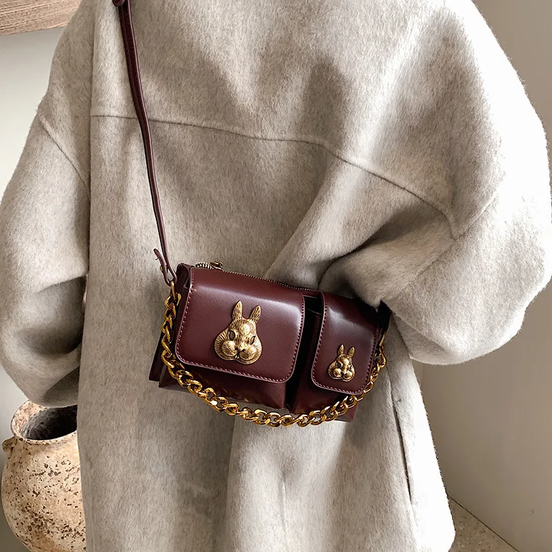 Niche Design Rabbit Metal Chain Small Square Bag Women\'s Ins New High Quality Fashion Single Shoulder Bag Adult PU Crossbody Bag