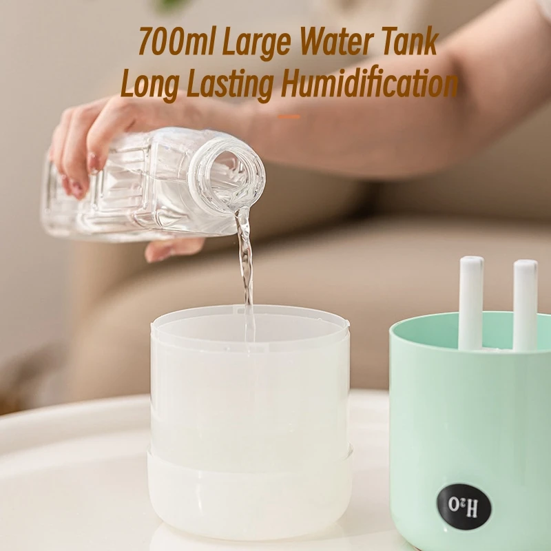 Purificatore d'aria con umidificatore USB a doppio spruzzo di grande capacità da 700ML con lampada a LED per umidificatore d'aria con Aroma a nebbia fredda ad ultrasuoni per la casa