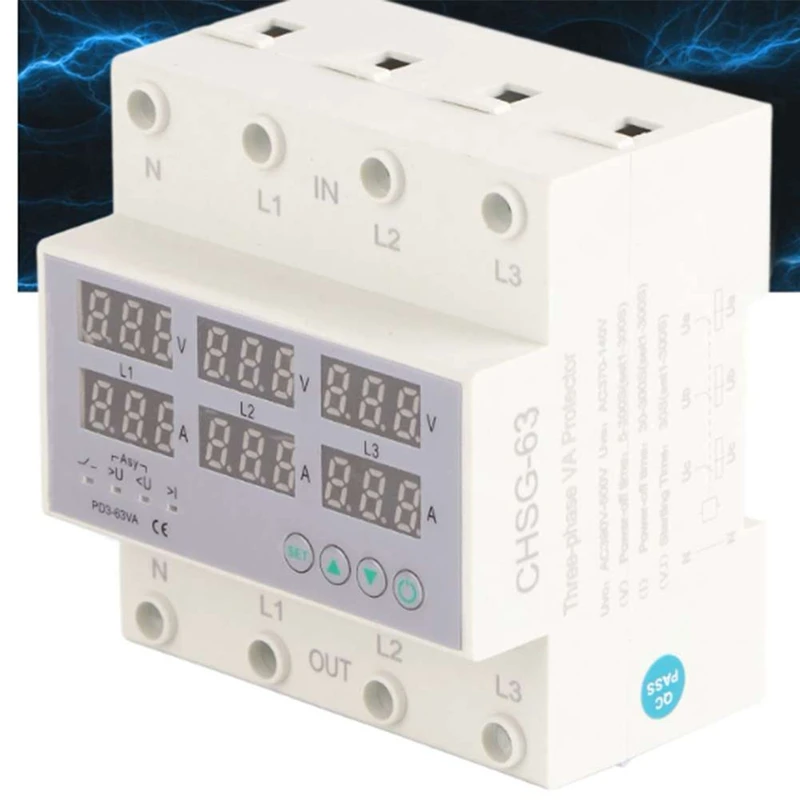 3 Phase DIN Rail Voltmeter Ammeter Automatic Overvoltage Overcurrent Protector AC 390‑500V