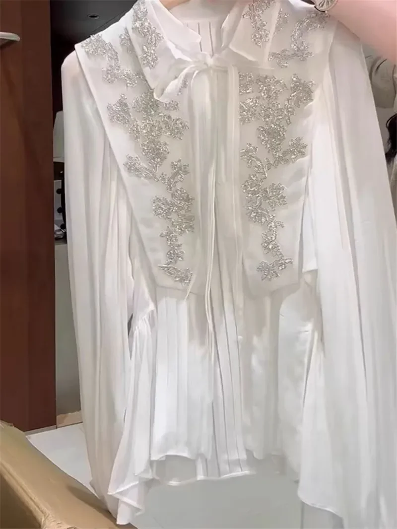 

2025 New Spring Luxury Beading Blouse Women High Quality White Long Sleeve Sun Protection Pleated Shirts Women Runway Tops