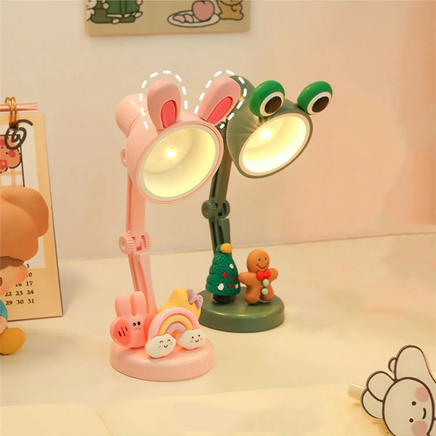 

2Pcs Mini Frog Table Lamp Cute Bunny Night Light with Figurines Portable LED Reading Clip Desk Lamp for Bedroom Kids Room