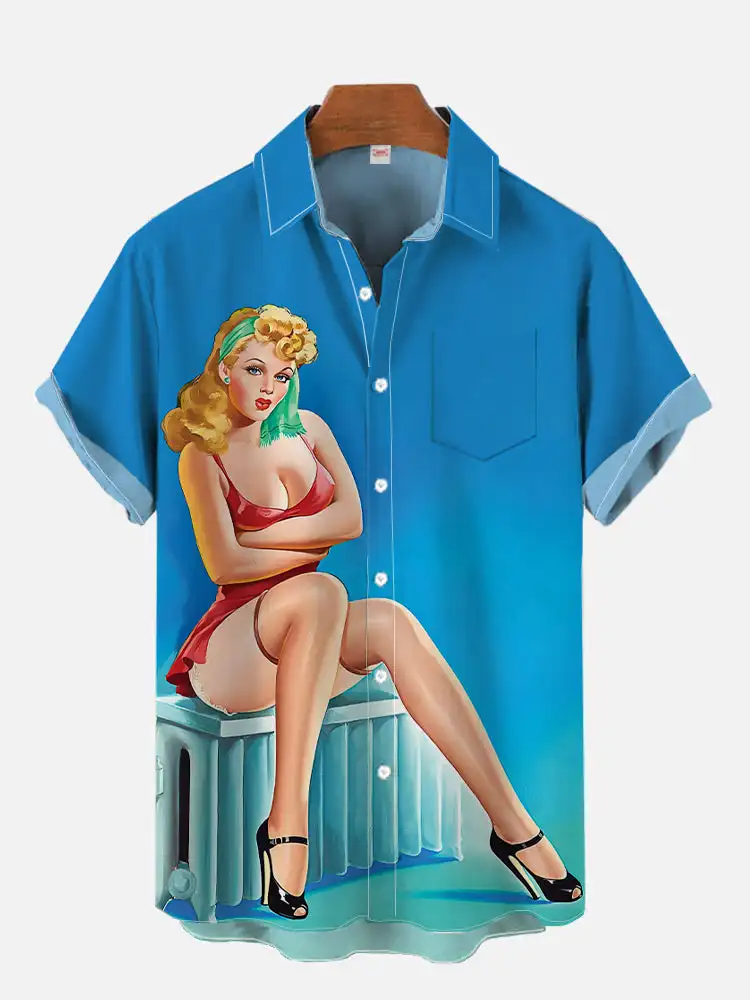 1980s Vintage Pin Up Girl Poster Sexy Girls Blonde Beauty 3D Prints Men\'s Short Sleeved Shirts For Men Fashion Hawaiian Shirts