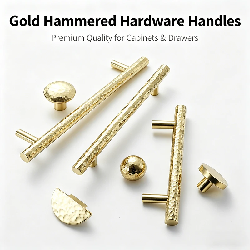 Hammered Brass Single Hole Knobs, Luxury Modern Round Copper Handles, Golden Cabinet Drawer Pulls for Wardrobe Home Decor