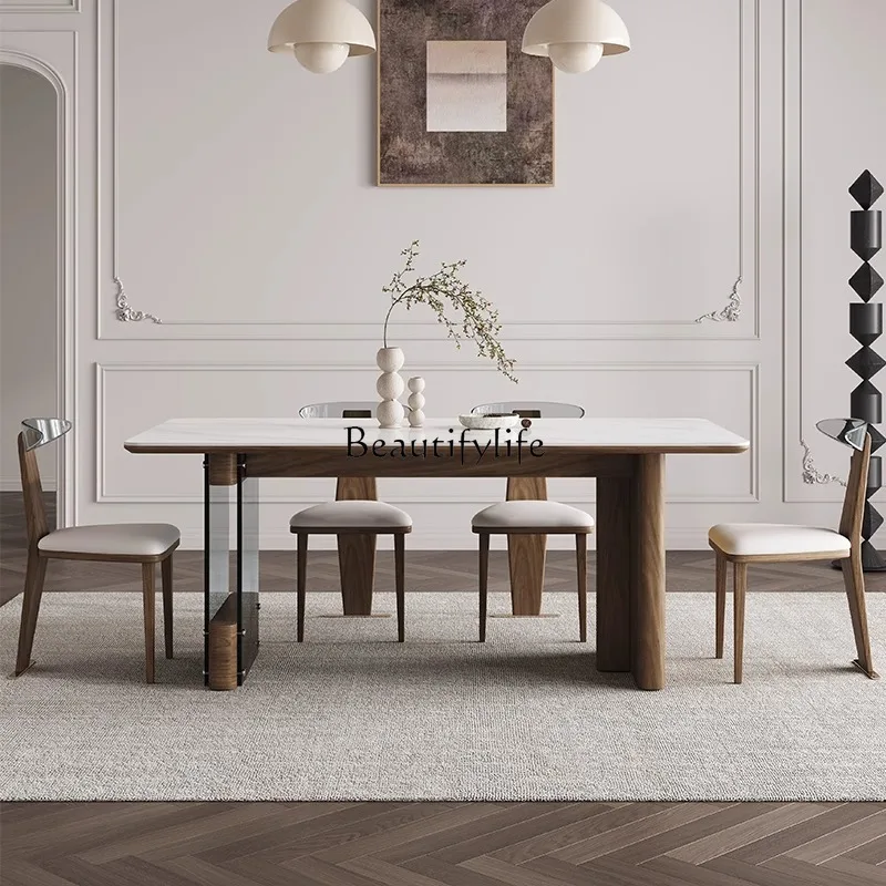 

*Medieval style solid wood rock slab dining table modern simple light luxury household small apartment