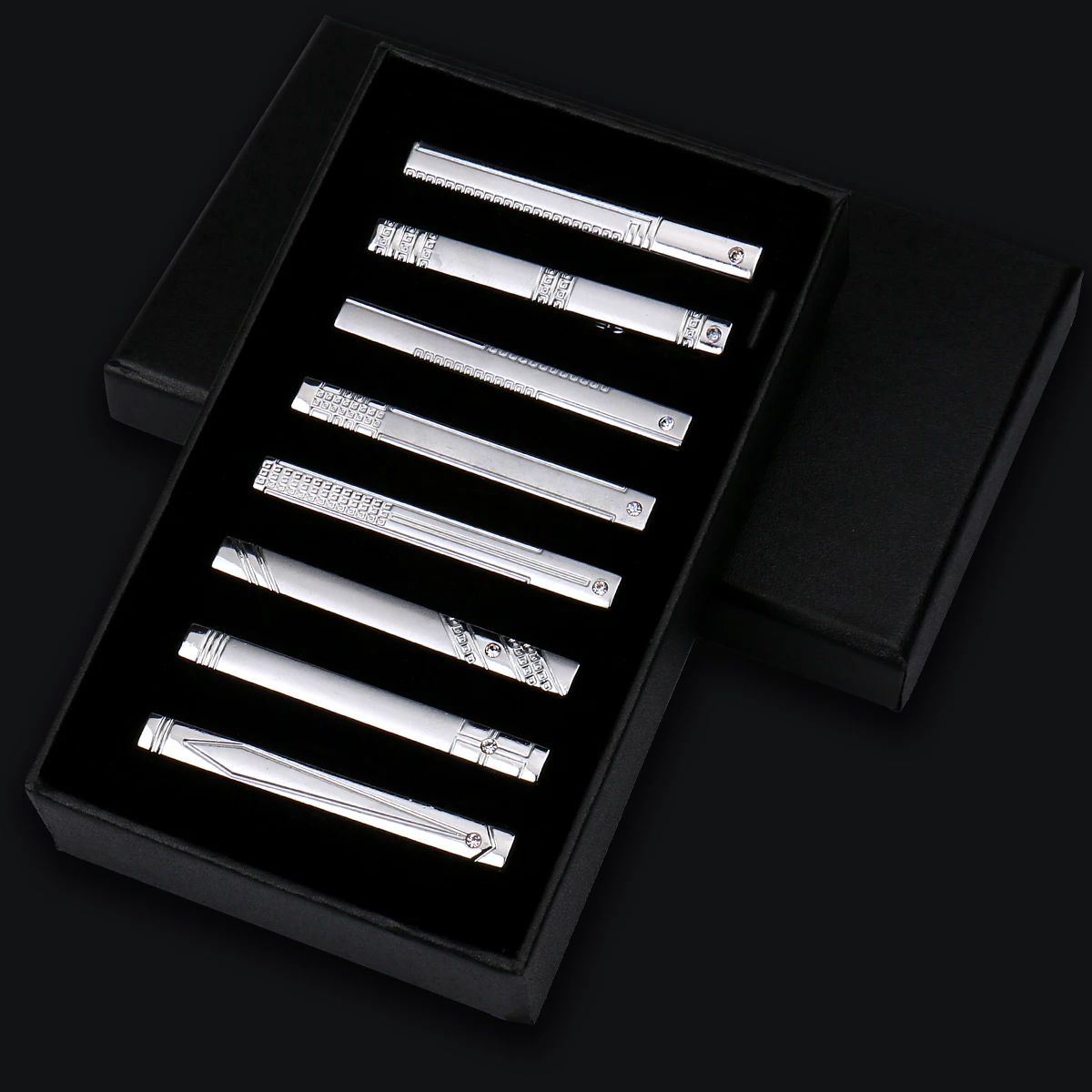 8 stuks dasspeldjes metaal diamant met doos voor mannen bruiloft heren stropdas clips set chroom roestvrij staal sieraden gentleman stropdassen pin