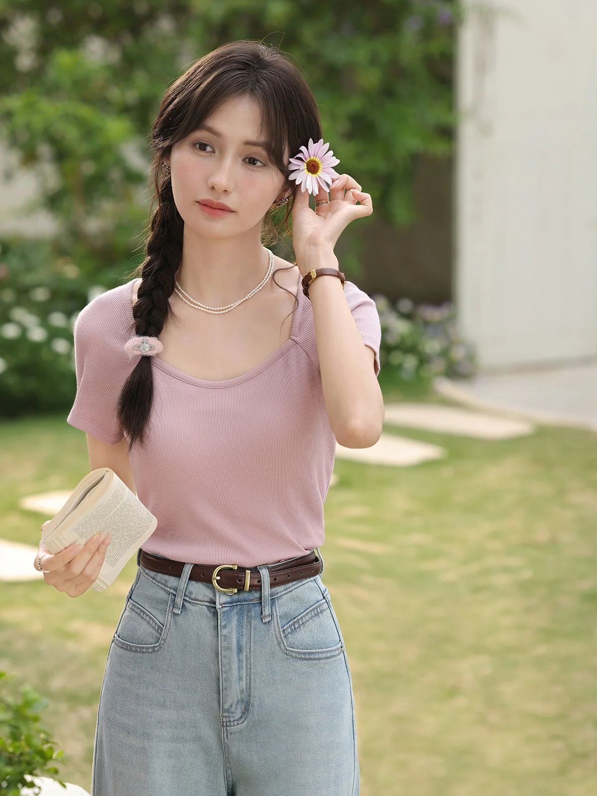 Ele Pink ort Sve T-irt レディース 夏 Faion 韓国 Sle 通勤 ピュアカラー スクエアカラー スリムフィット トップ