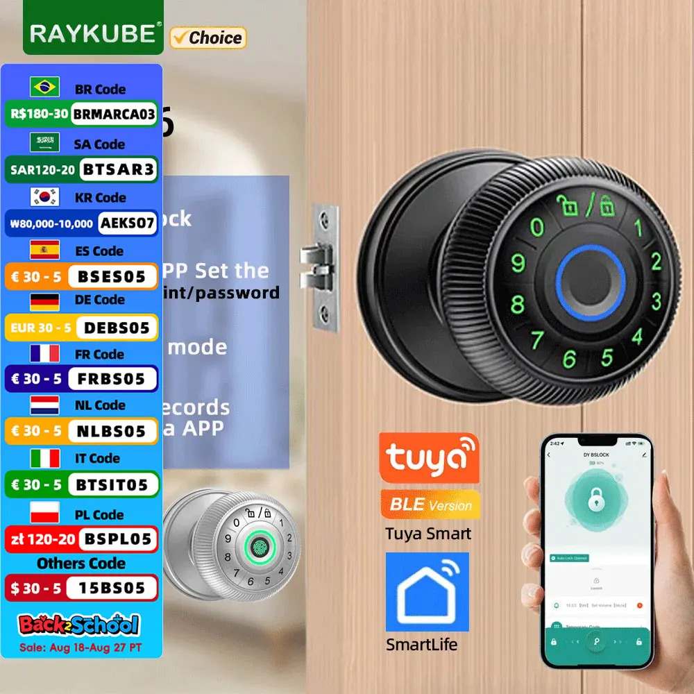

RAYKUBE Q6 Tuya BLE Smart Fingerprint Door Lock Electronic Lock with Password/Key/Smartlife/Tuya APP Unlock For Bedroom