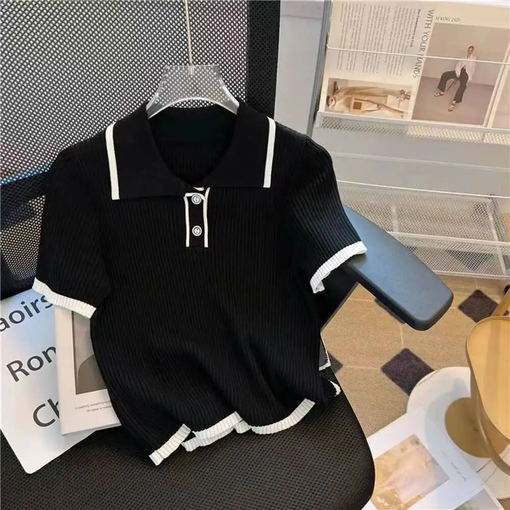 

Ice Silk Knitted Short Sleeved T-Shirt For Women's Summer 2024 New Fashionable And Stylish Polo Shirt Top