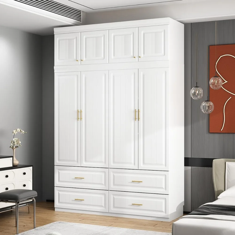 

4 Door Wardrobe Closet, with Drawers & Shelves, Armoire Closet with Hanging Rod, Wardrobe Cabinet, with Gold Metal Handles