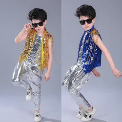Kids Sequined Hip Hop Outfits Girls Jazz Tap Dancing Tops+Pants Boy Child Dance Stage wear Ballroom Party Dancewear Costumes