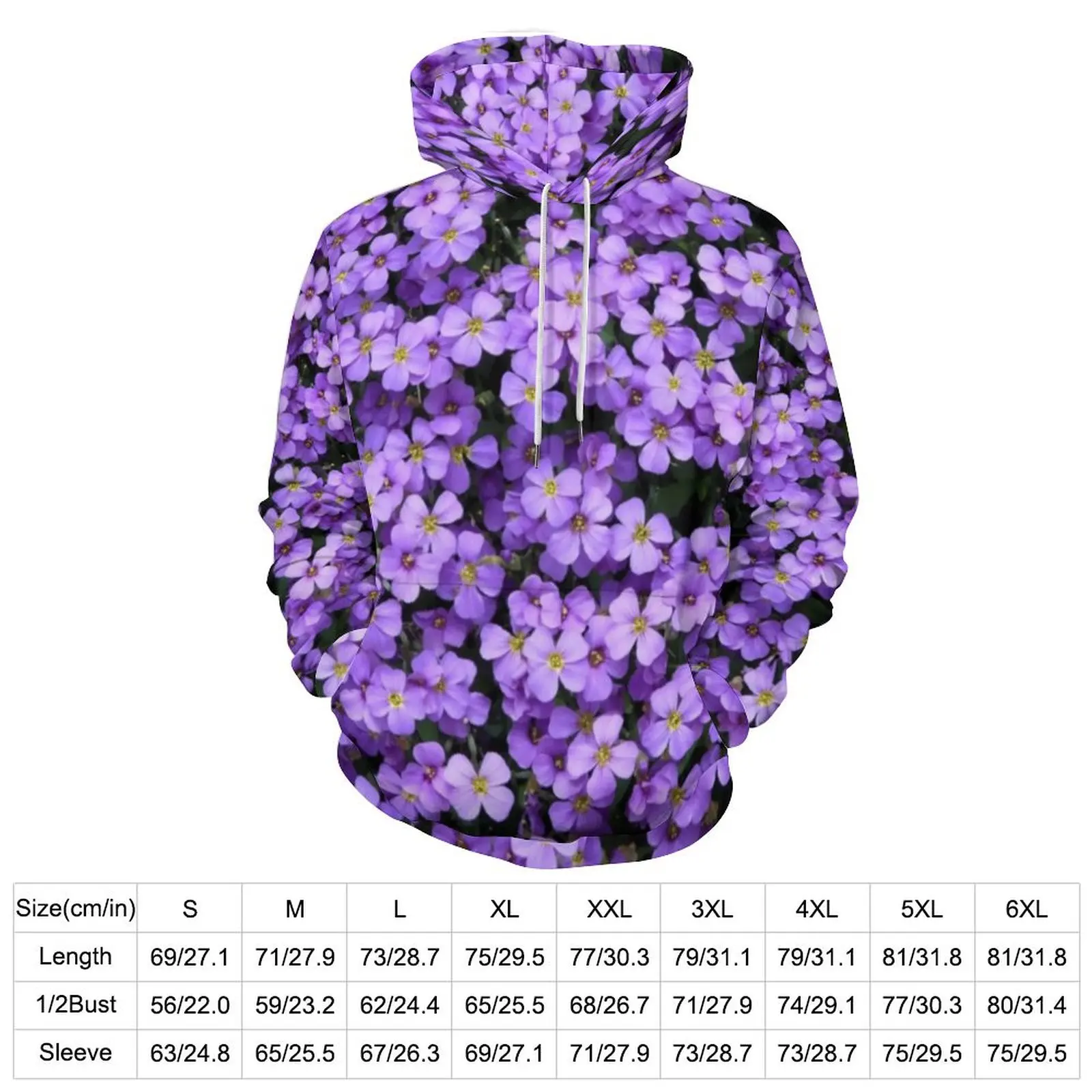 Violet Flower Print Hoodies Purple Floral Fashion Oversized Pullover Hoodie Unisex Long Sleeve Cute Custom Casual Sweatshirts