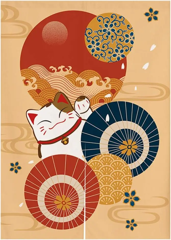 Maneki-Neko Noren Curtain, Japanese Style Beige Background Print, Auspicious Lucky Room Divider With Cat & Traditional Pattern