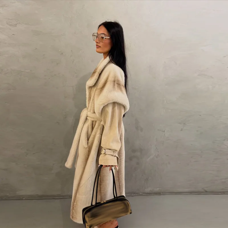 Stylish Elegant Long Coat Patchwork Faux Fur Paneled Tie-waist Overcoat Vintage Warm Thick Fall Winter Trendy Women Streetwear