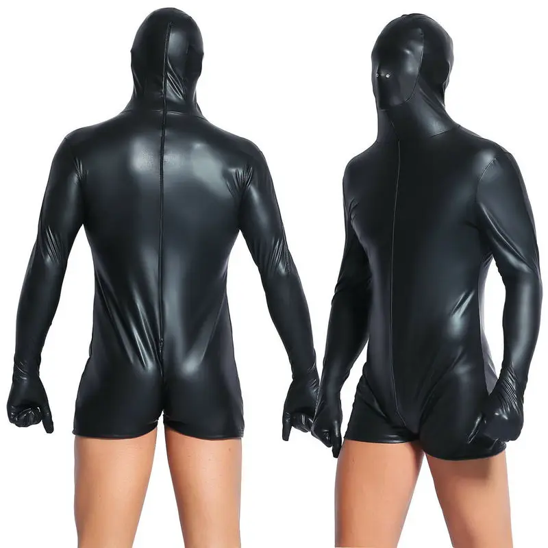 Super Cool Sexy Men Black Patent Leather Jumpsuit Vinyl Latex Bondag Leotard Bodysuit Nightclub Costumes Adult Toys for Men