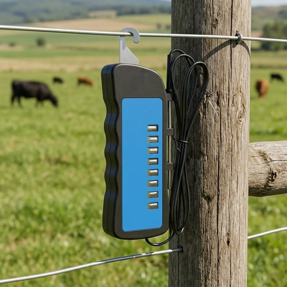 2000V-12000V Electric Fence Tester with 8 Neon Indicator Lights for Metal Polyethylene and Magnetic Tape Compatibility