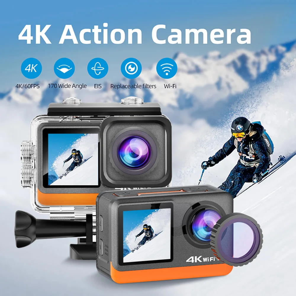 Ultra HD 4K60FPS Action Camera 2.0 Touch IPS Dual Screen 24MP Wi-Fi 170D EIS 30M waterproof Optional Filter 1080P Webcam Camera