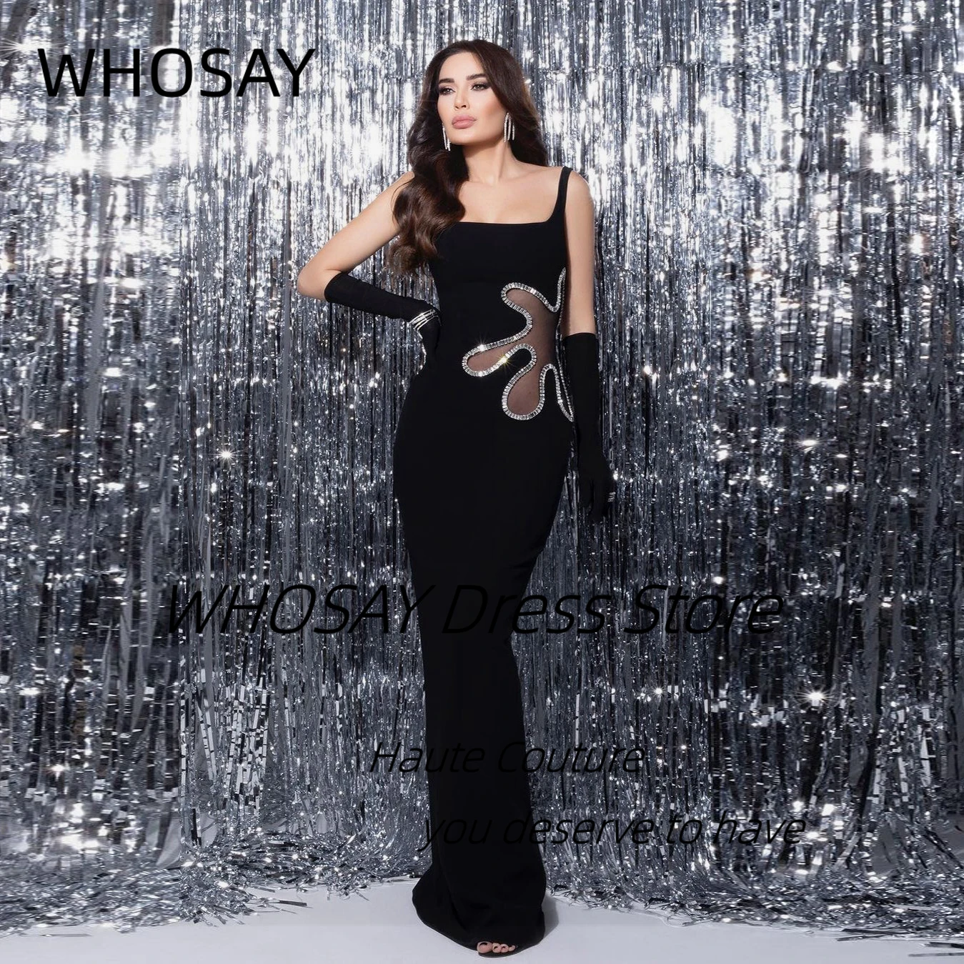 

WHOSAY Black Mermaid Prom Dresses Celebrity Women Wear Spaghetti Straps Vestidos De Noches Beaded Sexy Back Evening Party Gowns