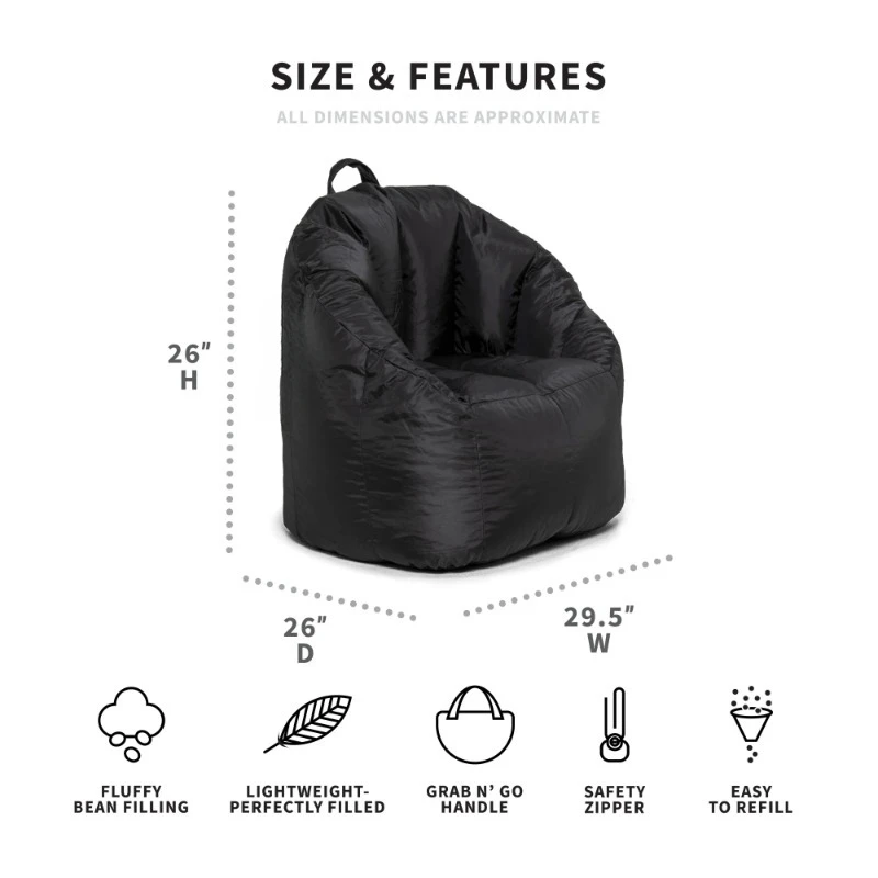 Joey Bean Bag Chair, Smartmax, Kids/Teens, 2.5ft, Black