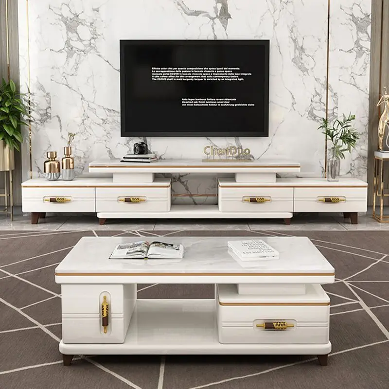 Slate telescopic living room TV cabinet coffee table combination set marble