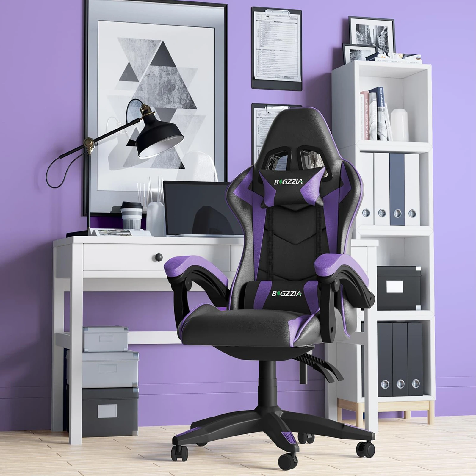 Bigzzia Gaming Chair Office Chair Ergonomic PU Leather Computer Desk Chair with Headrest Lumbar Support Game Chairs Racing Chair