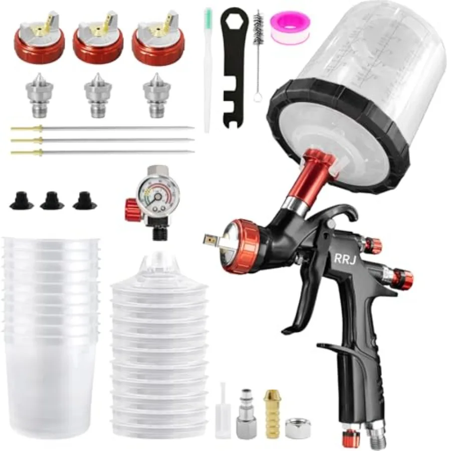 

Пистолет для покраски A610 LVLP Premium Kit с соплами 1.3/1.5/1.7 мм, регулятором давления воздуха, емкостью для смешивания 650 мл и 10 одноразовыми стаканчиками для краски