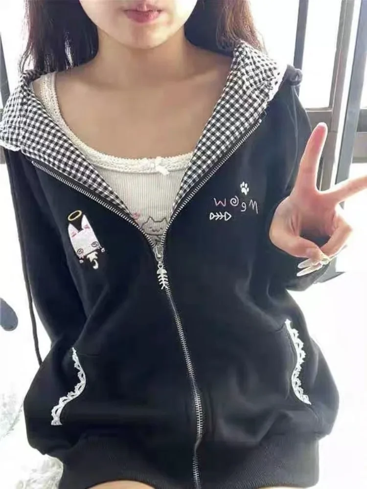 Japanese Cute Cat Ear Black Plaid Hooded Jackets 2026 Early Autumn New Coat Women Y2k Loose Long Sleeve Zipper Tops Mujer